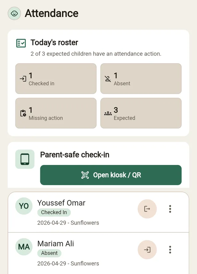 Little Steps attendance screen with today's roster, check-in counts, and a parent-safe kiosk button